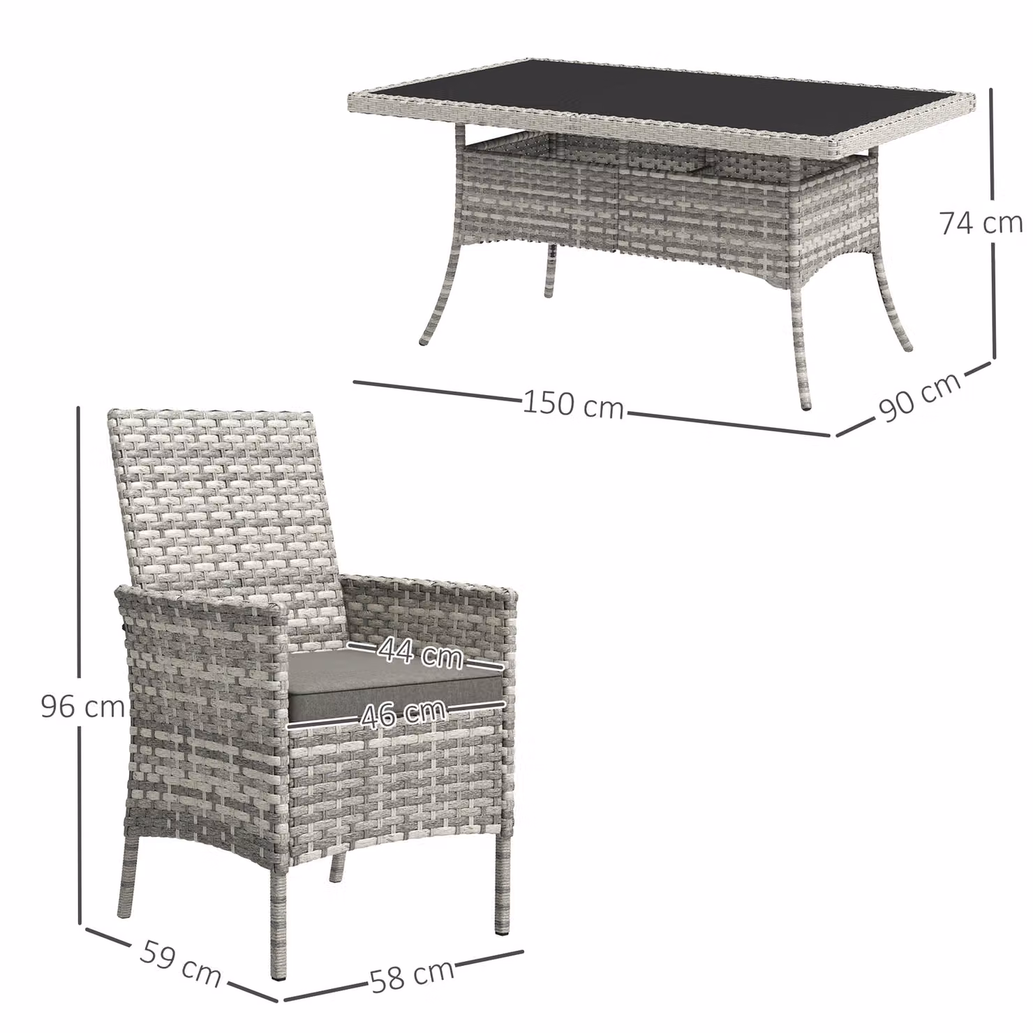 Outsunny 6 Seater Rattan Garden Furniture Set in Mixed-Grey with Rectangular Tempered Glass Table and Armchairs – 3