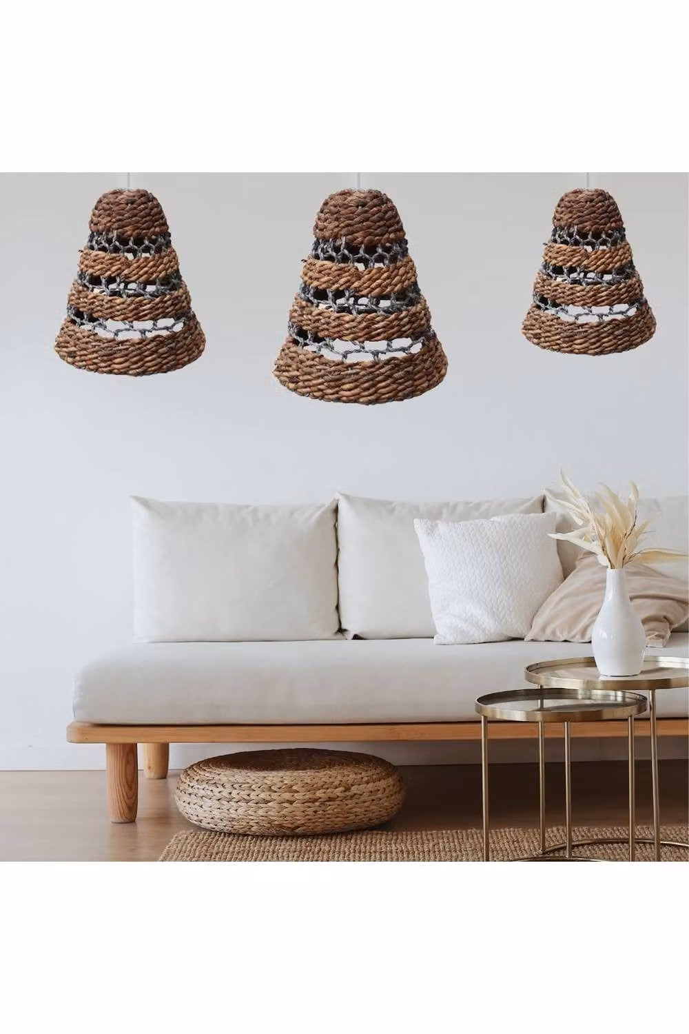 KDMD Set of 3 Boho Cone Lamp Shades in Brown and Grey Natural Banana Leaf and Raffia – 3