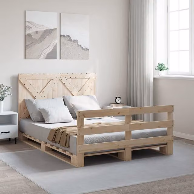 Berkfield Home Solid Wood Pine Bed Frame with Headboard in Brown, W/D/H: 140 x 200 cm