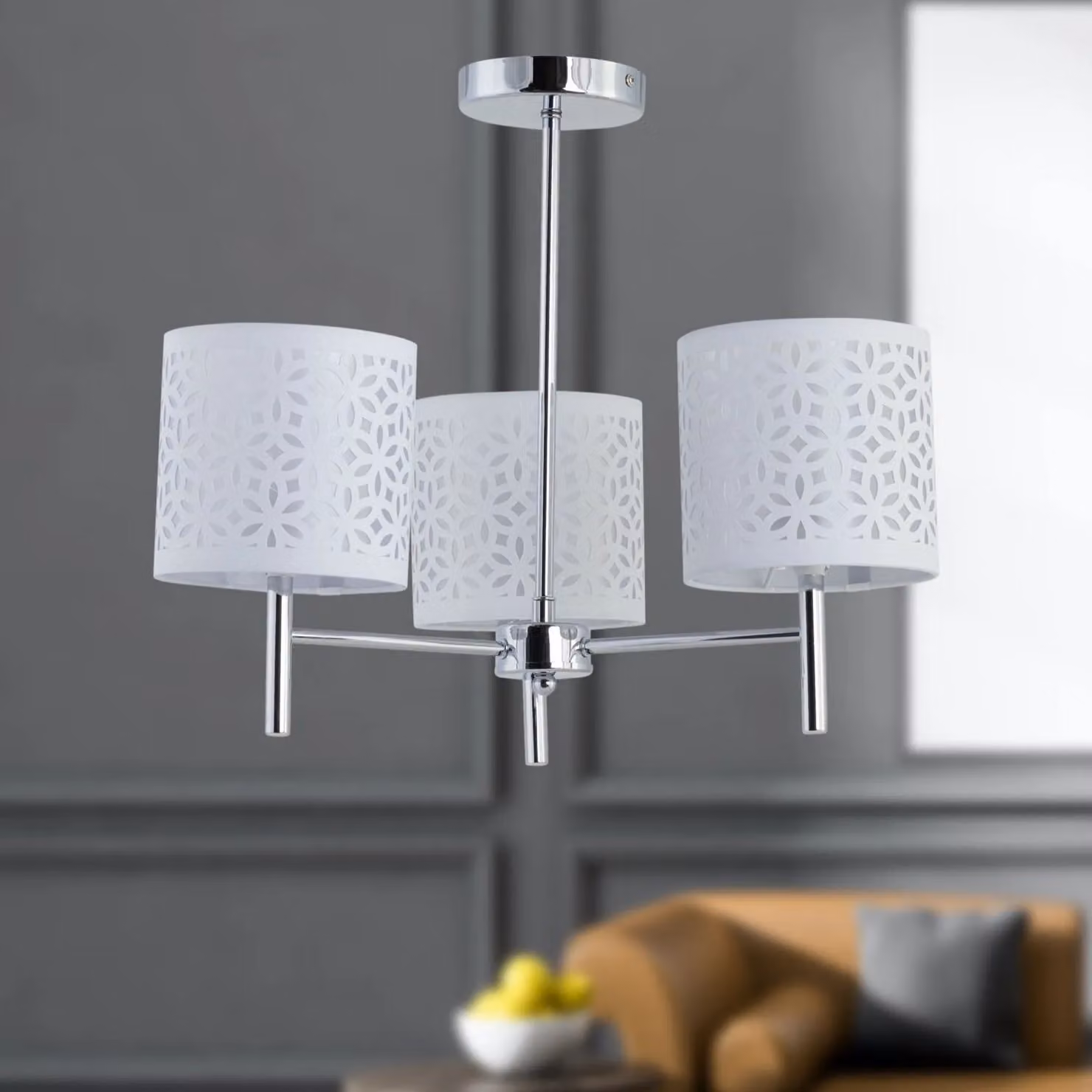First Choice Lighting Brea Set of 2 Chrome Ceiling Light Fittings with White Fabric Shades – 3