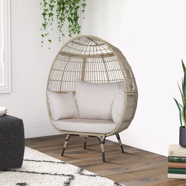 Costway Boho Wicker Egg Lounge Chair in Brown and Beige