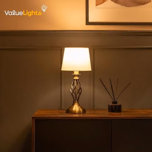 ValueLights Set of 2 Antique Brass Table Lamps with White Fabric Lampshades – 3