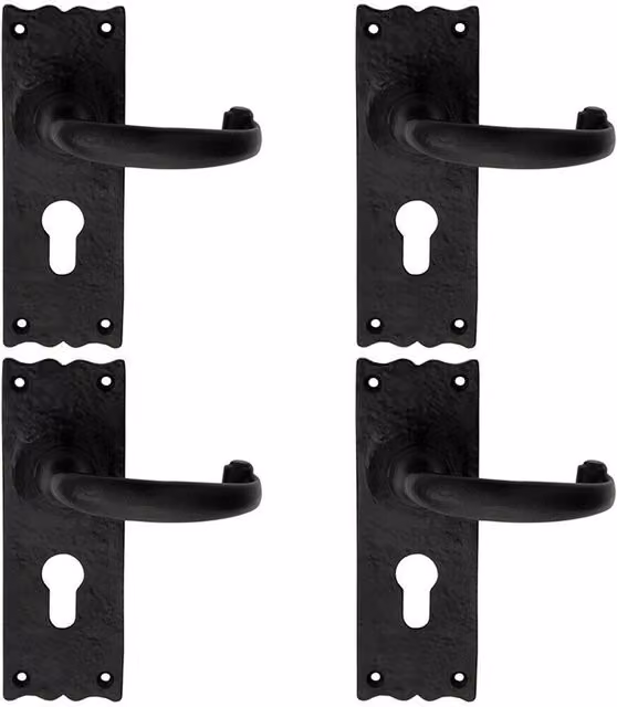Loops 4 Pairs of Forged Curved Handles with Euro Lock Backplate, Black Antique, 155 x 54 mm – 1