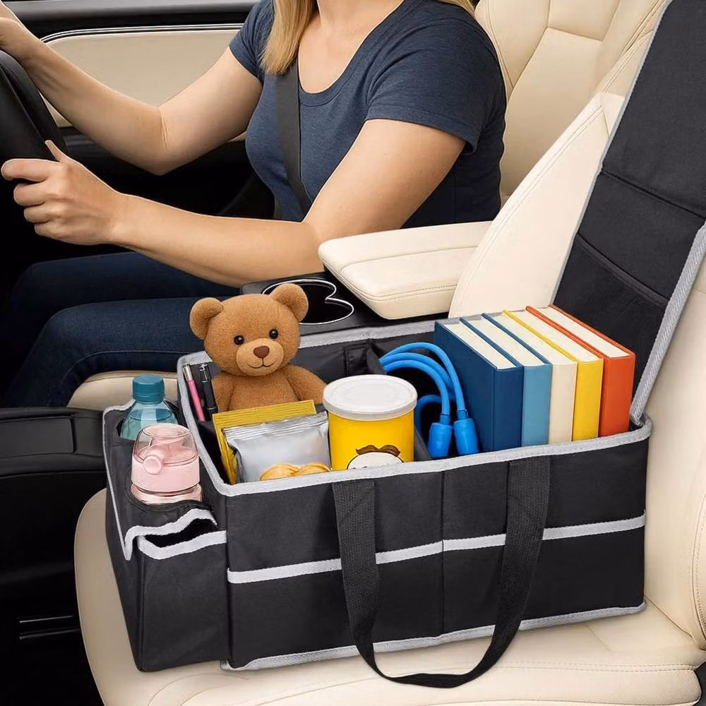 FLAVORA Foldable Front Car Organiser with Dividers and Cup Holders, Black, Width: 50 cm – 6