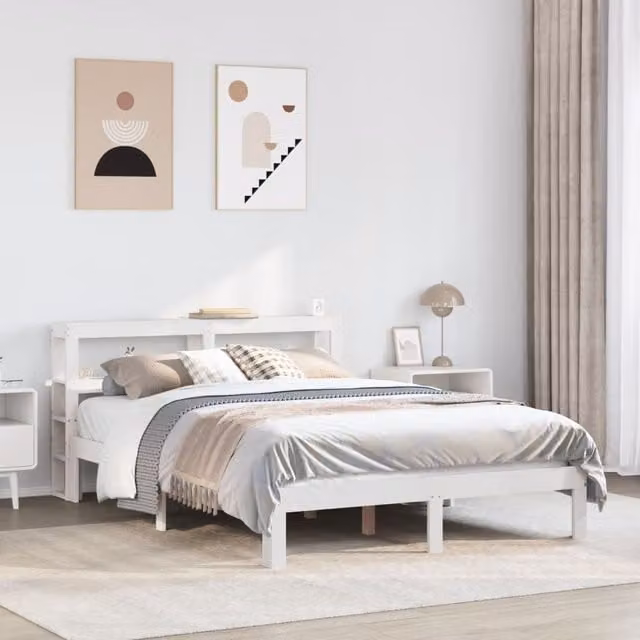 Berkfield Home Small Double Bed Frame with Headboard and Side Compartments in White Solid Pine Wood, W/D/H: 120 x 200 cm – 1
