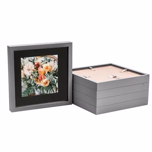 Nicola Spring 5 Piece Square 3D Shadow Box Photo Frame Set in Grey and Black with White Mounts and Glass Aperture – 1