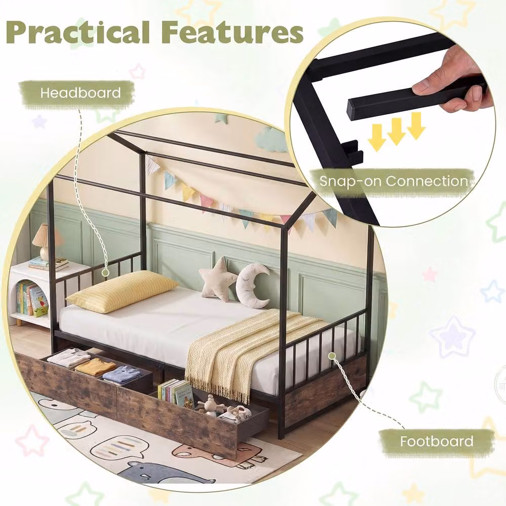 Costway Single Size Metal Bed Frame with 2 Drawers, Headboard and Footboard in Brown, W/D/H: 90 x 200 cm – 3
