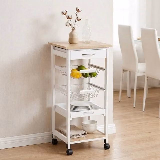 STILVORA White Kitchen Island Trolley with Drawer and Baskets in Wood and MDF – 1