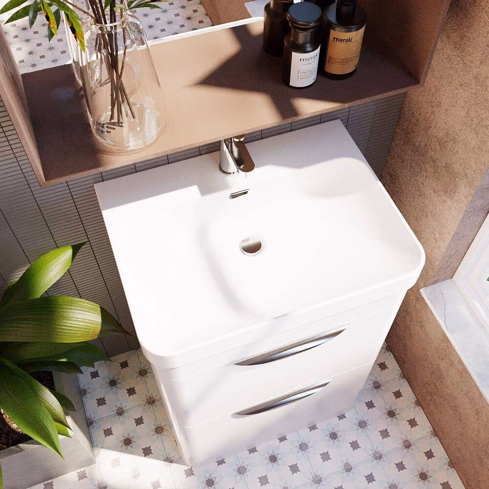 Balterley Wave 600mm Gloss White Floor Standing 2 Drawer Unit and Ceramic Basin – 3