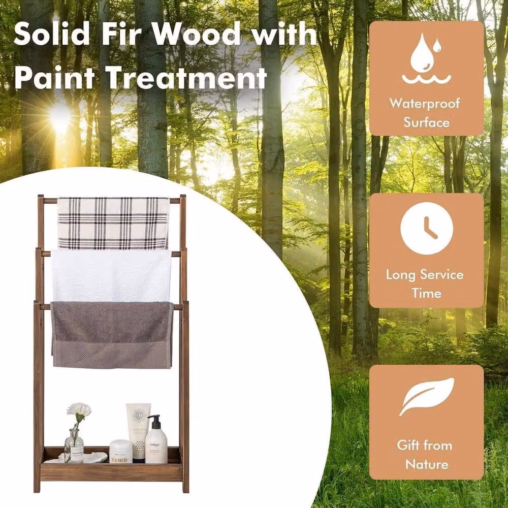 PAWNORA 3-Tier Free-Standing Wooden Towel Rack with 3 Bars in Brown – 4