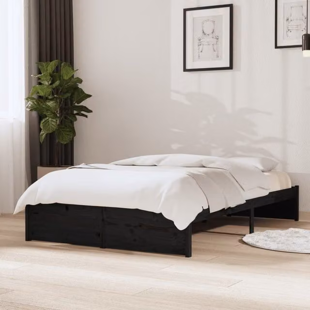 Berkfield Home Modern Small Double Bed Frame in Black Solid Pine Wood W: 120 cm, L: 190 cm – 1
