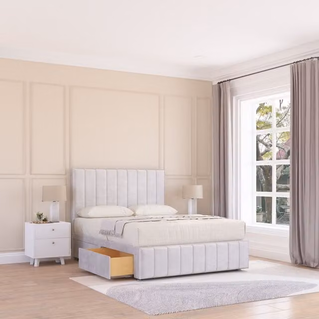 Sloomy California Divan Bed Base in Slate Naples Silver, Small Single, with 2 Drawers, 12 inch Footboard and 54 inch Floor Standing Chesterfield Headboard
