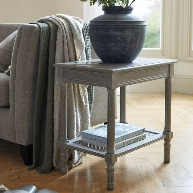 Wyld Haus Laurelbrook Grey Wood Side Table with Rattan Shelf, W/D/H: 40 x 40 x 60 cm