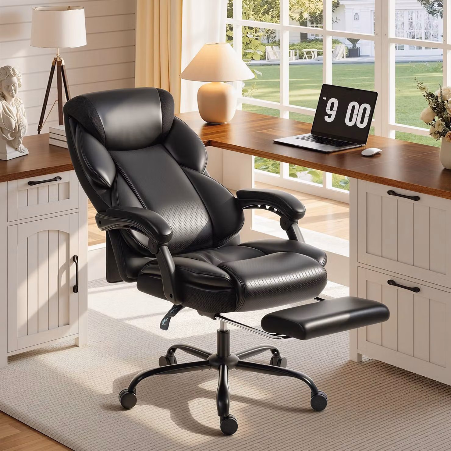 HOMCOM Black Adjustable Reclining Office Chair with Footrest, Armrests and Headrest – 2