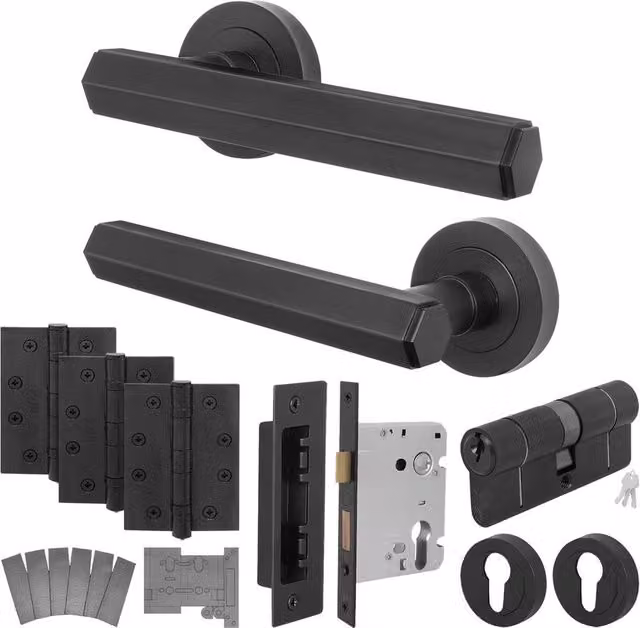 AFIT Black Fire Door Handle Euro Lock Double Cylinder Set with Matt Aluminium Hinges, Size: 150 x 150 mm – 1