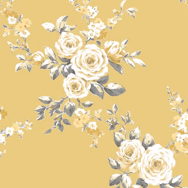 Catherine Lansfield Botanical Floral Shabby Chic Paper Roll in Grey, Yellow and White