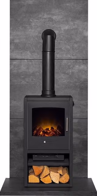 Acantha Bergen XL Electric Wall Mounted Stove and Tile and Hearth Set in Grey with Slate Venetian Plaster Effect – 1