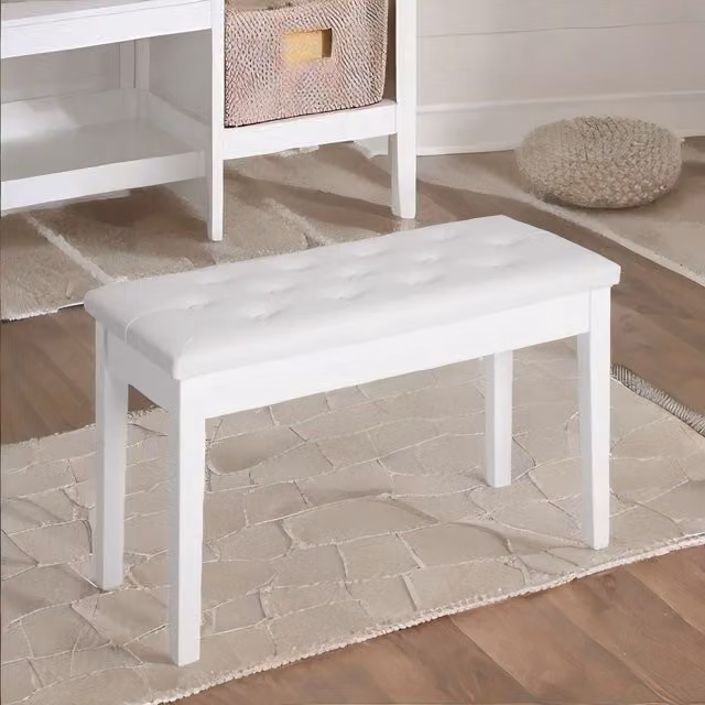 Furnold White Tufted Faux Leather Piano Bench with Storage and Wood Frame