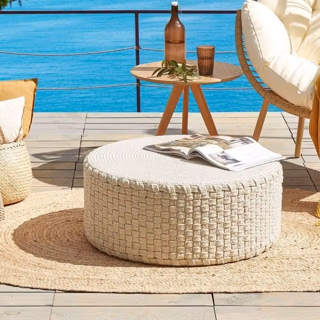 Wyld and Coco Beige Handwoven Cylindrical Outdoor Pouffe, Diameter: 70 cm