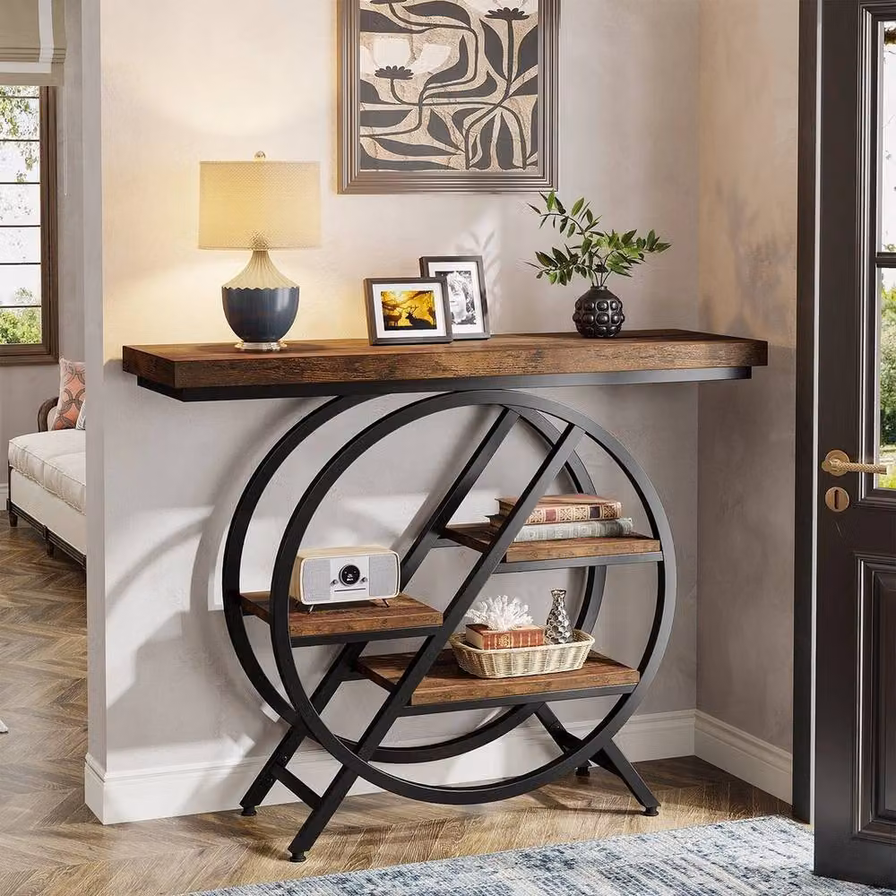 VOGREX Brown Industrial Console Table with Storage Shelves – 2