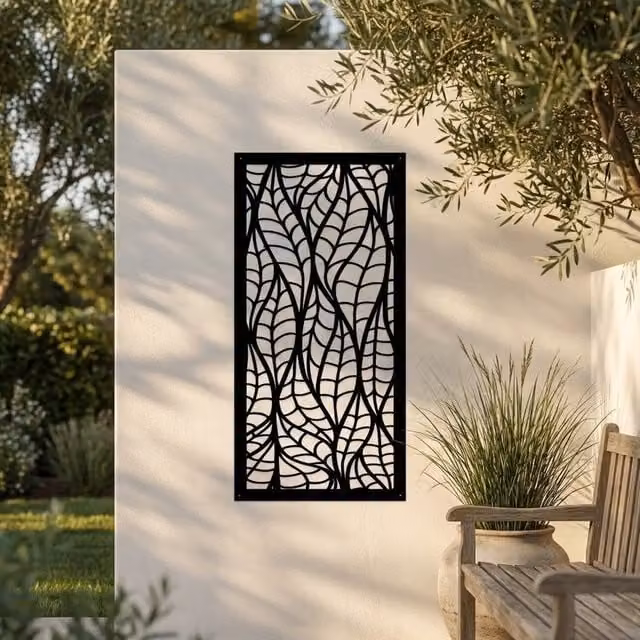 Laser Hut White Leaf Metal Wall Art in Black with Botanical Floral Design