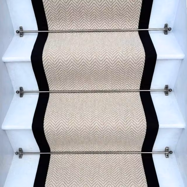 RainbowHome Herringbone Chalk Beige Wool Stair Runner with Black Cotton Border, W: 55 cm x L: 600 cm