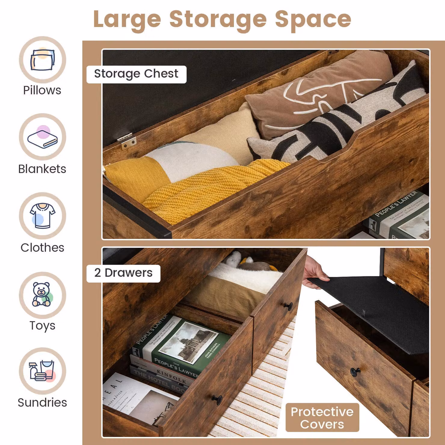 Costway Wooden Storage Ottoman Bench with Flip Top Chest and 2 Drawers in Brown – 6