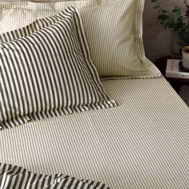 Yard Hebden Narrow Stripe 100% Cotton Fitted Sheet in Beige, W/D/H: 90 x 190 cm