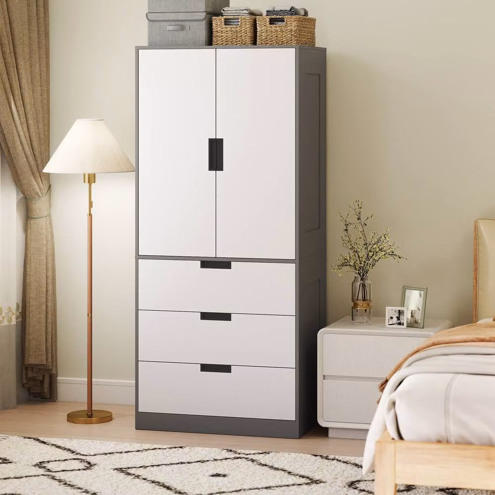 STILVORA Modern Grey Wardrobe with 2 Hinged Soft-Close Doors and 3 Integrated Drawers – 6