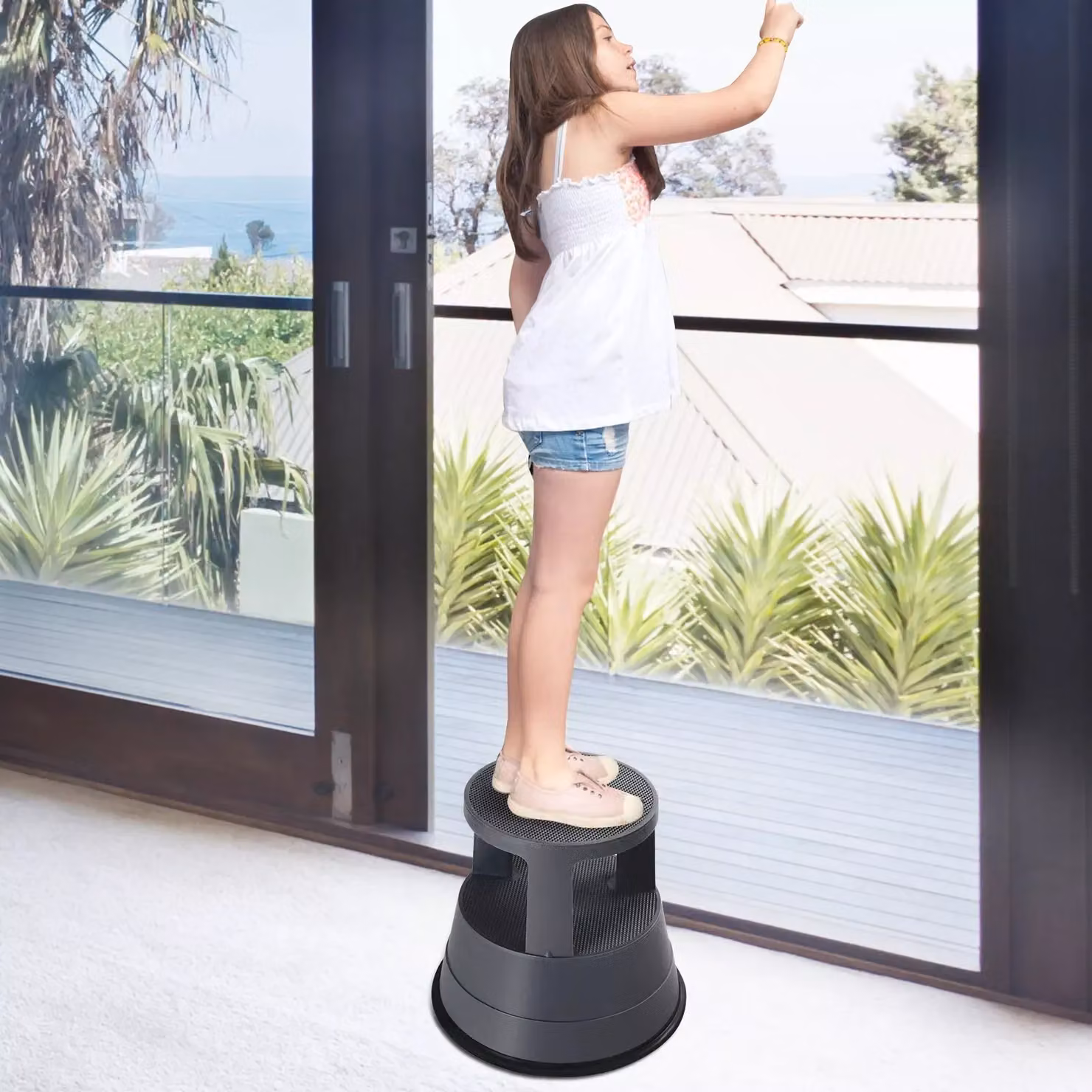 Costway Roller Step Stool with Casters and Non-slip Rubber Band in Black – 4