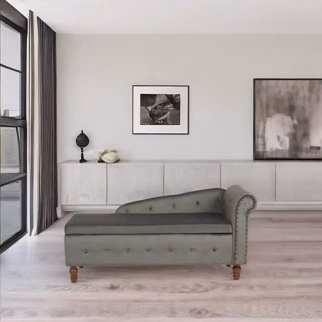 Livinluxury Grey Velvet Chaise Longue with Storage
