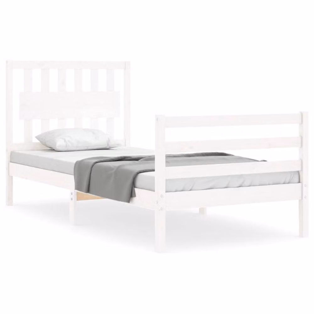 Berkfield Home Beautiful Solid Wood Bed Frame with Headboard in White, W/D/H: 90 x 200 cm – 2