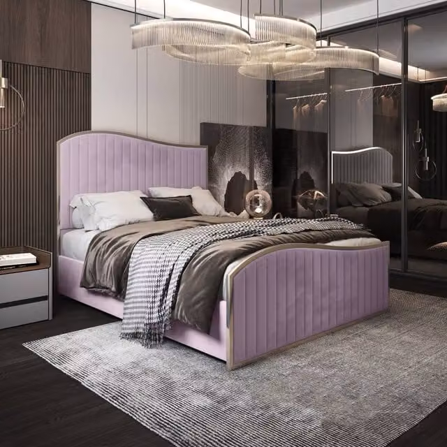 Casani Totternhoe King Size Upholstered Velvet Bed Frame in Pink with Metal Details, W/D/H: 180 x 200 x 137 cm – 1