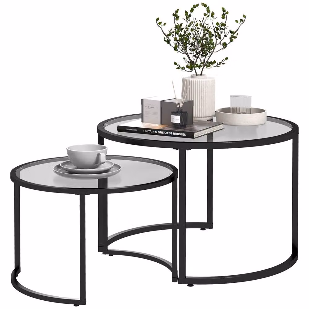 Wyld Haus Nase Set of 2 Round Nesting Coffee Tables in Black Metal and Clear Glass – 2