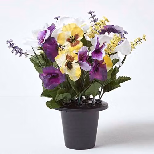 HOMESCAPES Set of 2 Artificial Grave Vases with Yellow and Purple Roses and Pansies in Black Pots, Height: 30 cm – 2