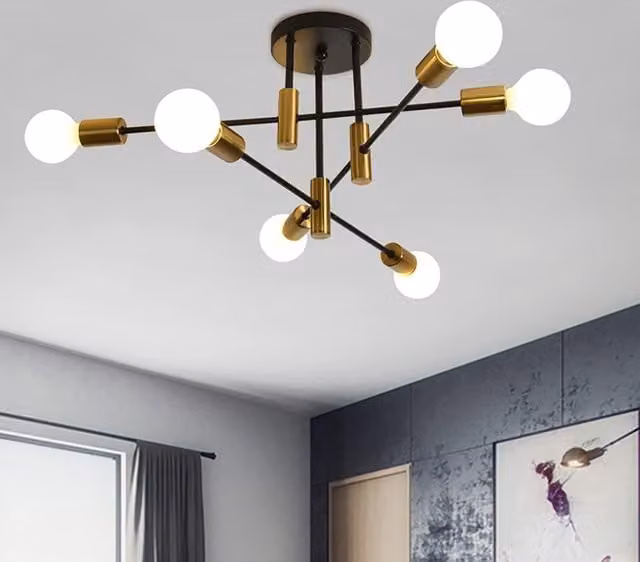 Garwarm Mid Century Industrial 6 Light Sputnik Ceiling Chandelier in Gold/Brass