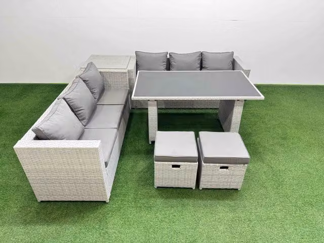Fimous 8-Seater Patio Rectangular Table Sofa Set with Side Table and 2 Stools in Light Grey