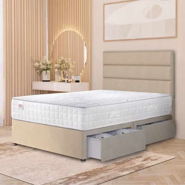 Horizona Hybrid Tweed Divan Bed Set with Pocket Spring Mattress, Floor Standing Headboard and Drawers, Natural/Beige, W/D/H: 180 x 200 cm