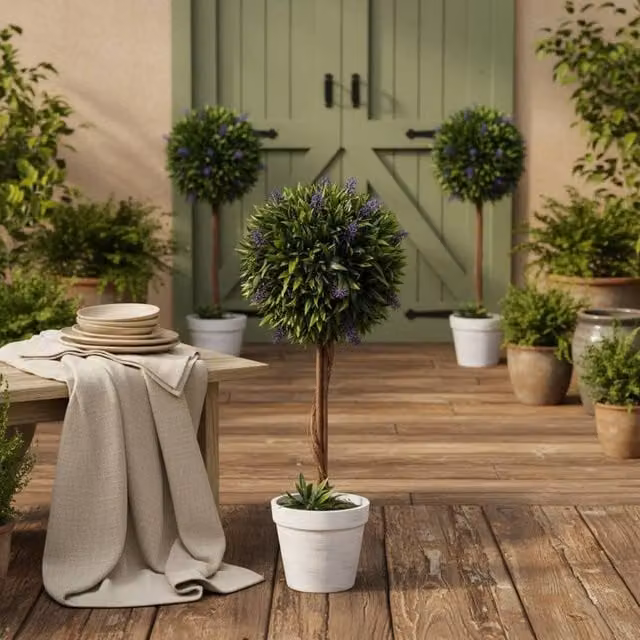 Wyld Haus Keado Set of 2 Artificial Purple Lavender Ball Trees in Green Pots, Height: 60 cm – 1