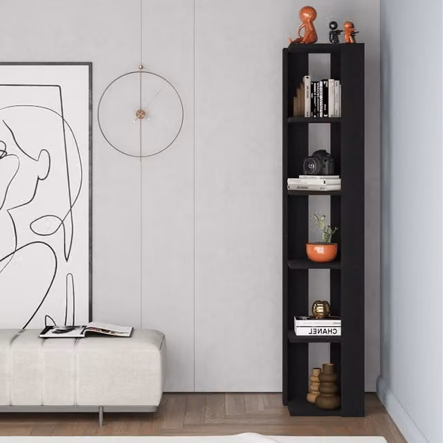Decortie Nati Modern Corner Bookcase Display Unit, Black Wood, W/D/H: 34.0 x 34.0 x 161.0 cm