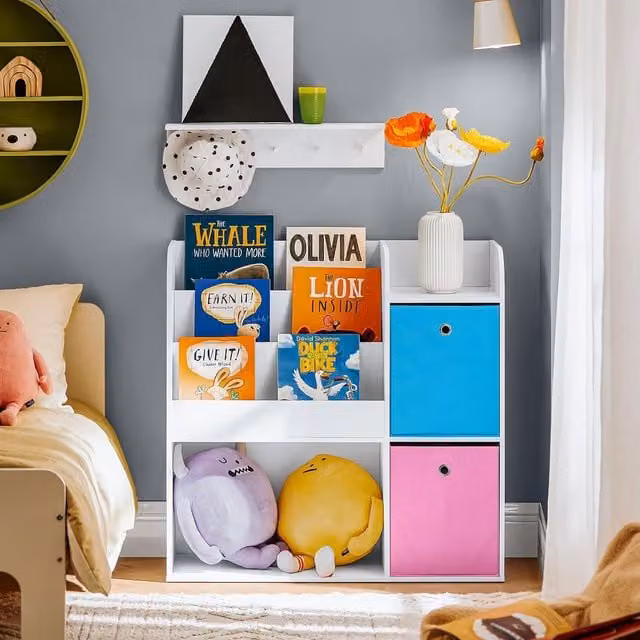 SoBuy Kids Bookcase Storage Display Shelf with 2 Fabric Drawers, White