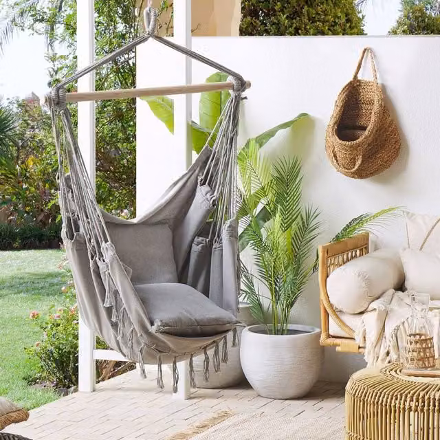 Wyld and Coco Boho Hanging Hammock Chair in Light Grey Cotton-Polyester with Beech Wood