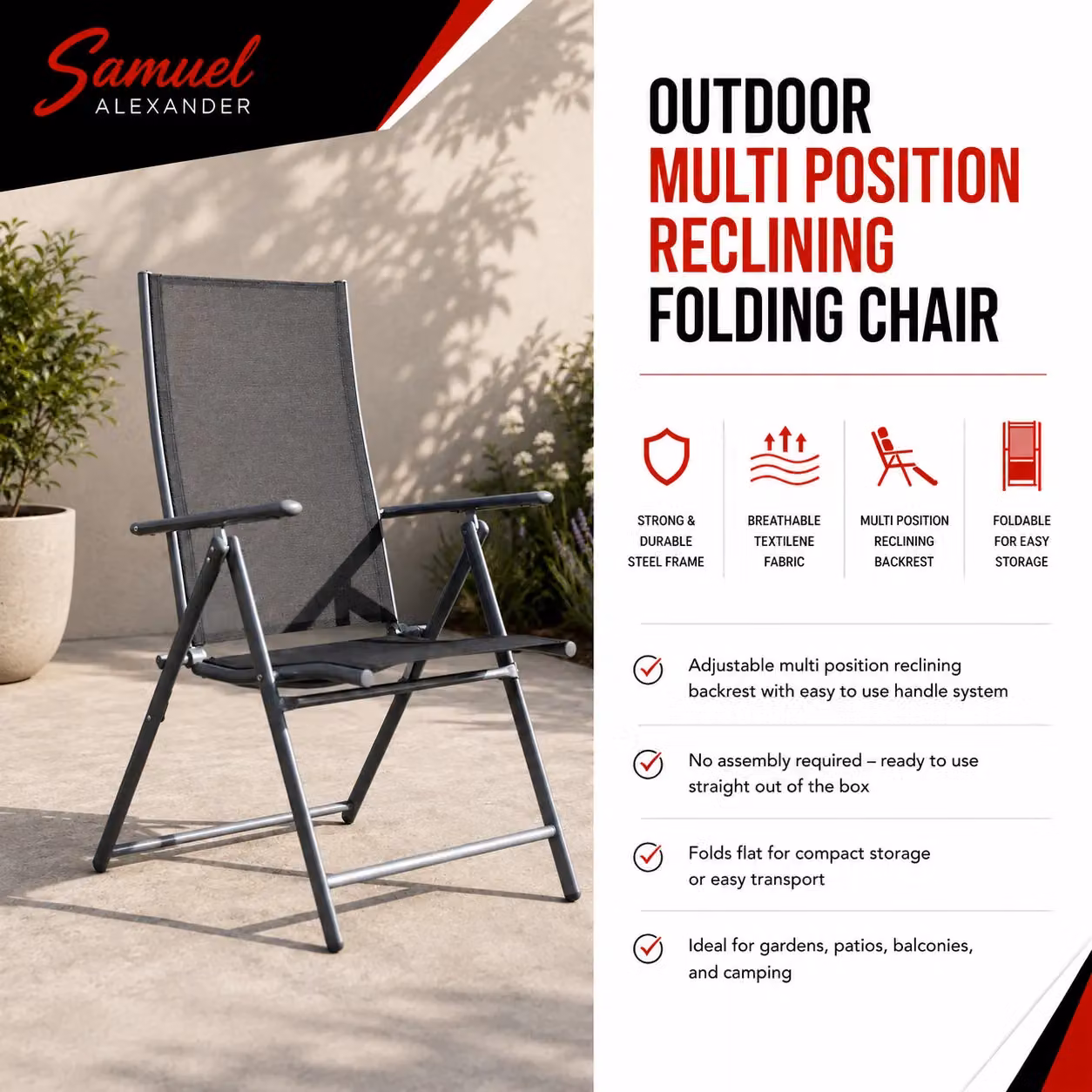 Samuel Alexander Multi Position Reclining Folding Outdoor Garden Patio Chair in Grey, Black and Silver – 5
