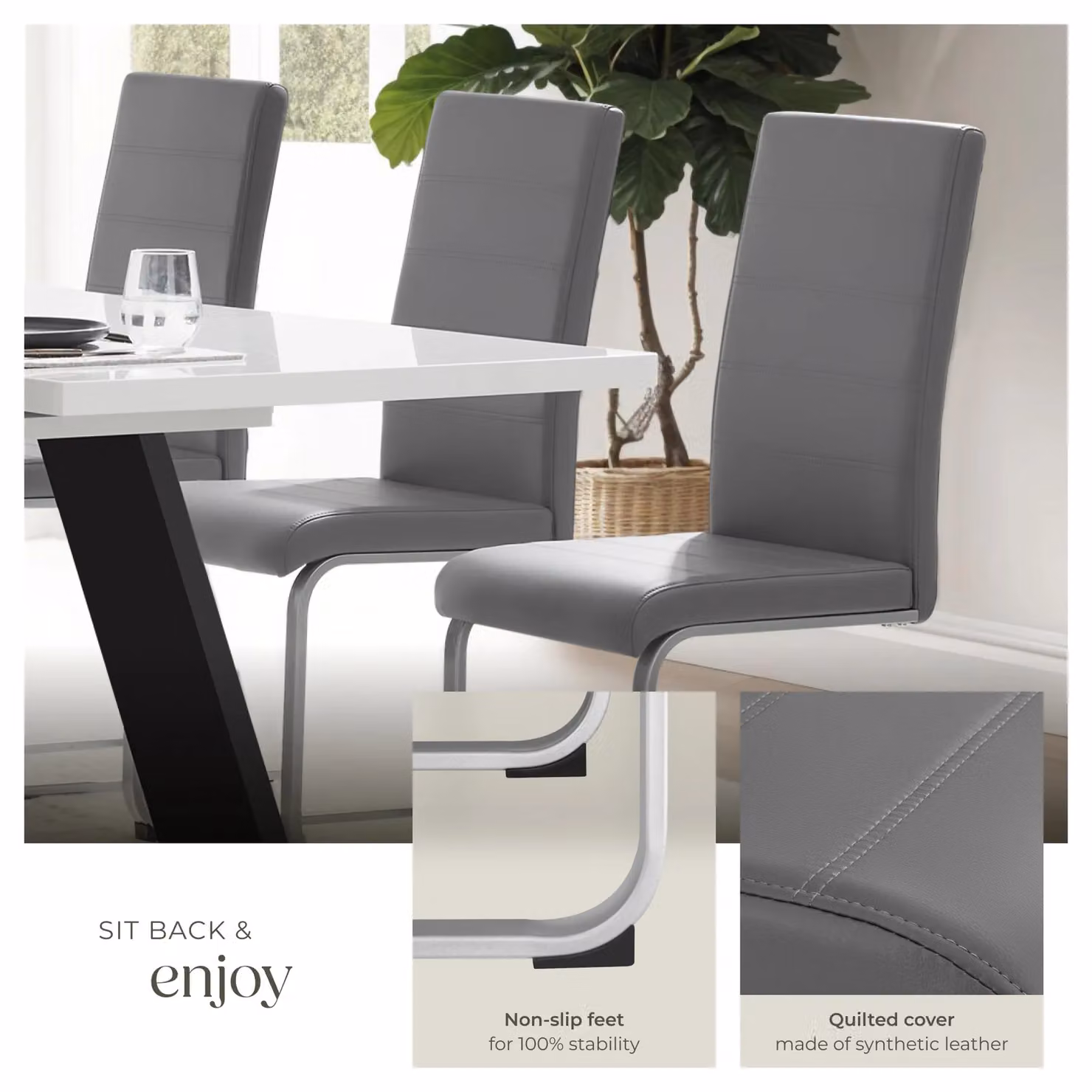 tectake Bettina Set of 4 Dining Chairs in Grey with Synthetic Leather and Metal Cantilever Base – 4
