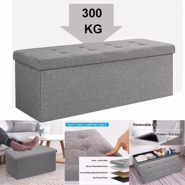 PAWNORA Grey Linen Upholstered Ottoman Storage Seat Stool, W/D/H: 76 x 38 x 38 cm – 1