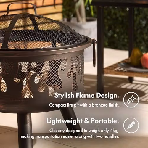 VonHaus Black Bronzed Steel Fire Pit Bowl with Flame Design, Fire Poker and Mesh Guard, W/D/H: 54.5 x 54.5 x 54.5 cm – 3