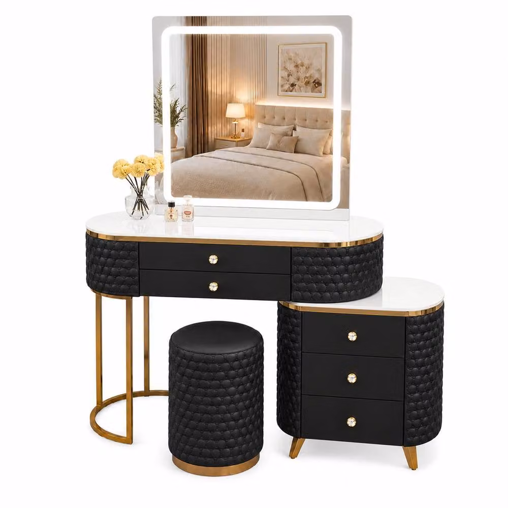 Sliding Wardrobes 4U Modern Dressing Table Set with LED Mirror, Stool and Storage Cabinet in Black, Width: 130 cm – 2