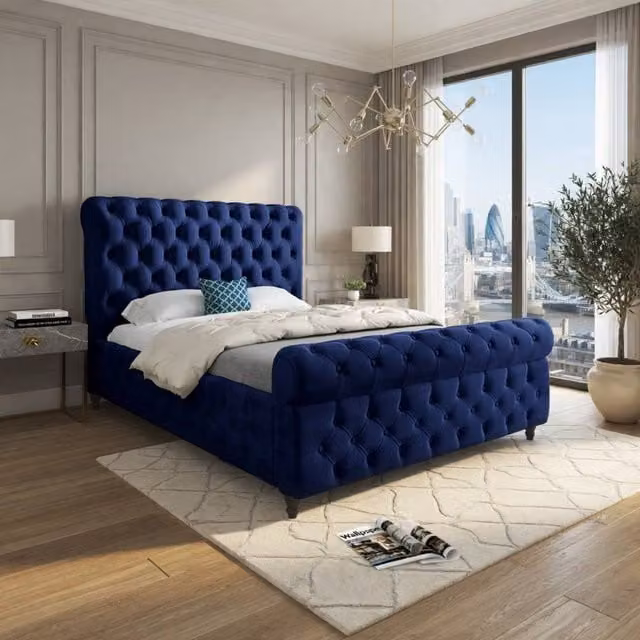 Casani Steventon Sleigh Upholstered Designer Bed Frame in Blue Velvet, W/D/H: 140 x 200 cm