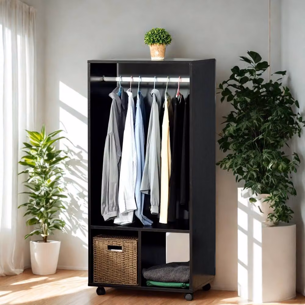 Pirlo Plush Open Wardrobe Clothes Rail with Storage Shelves on Wheels, Black, W/D/H: 128 x 40 x 40 cm – 2