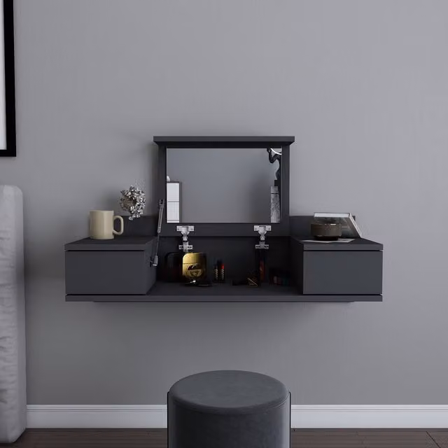 Decorotika Zenn Modern Make-up Table with Tri-fold Mirror in Anthracite Grey